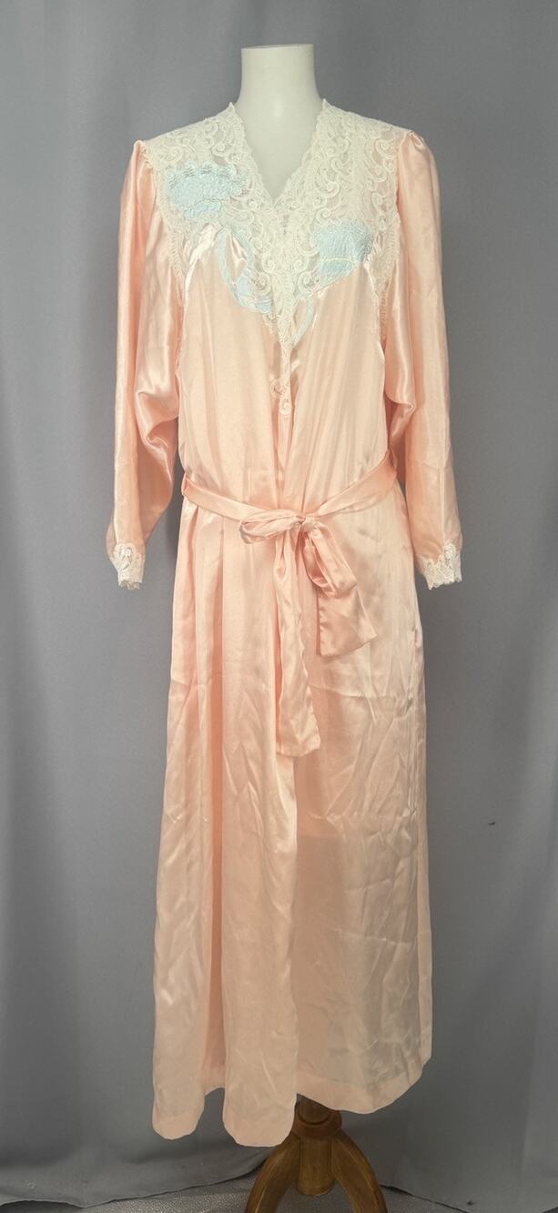 Vtg Natori Sleep Dress Womens Medium Pink Lace Neck Line Cap Sleeves Satin